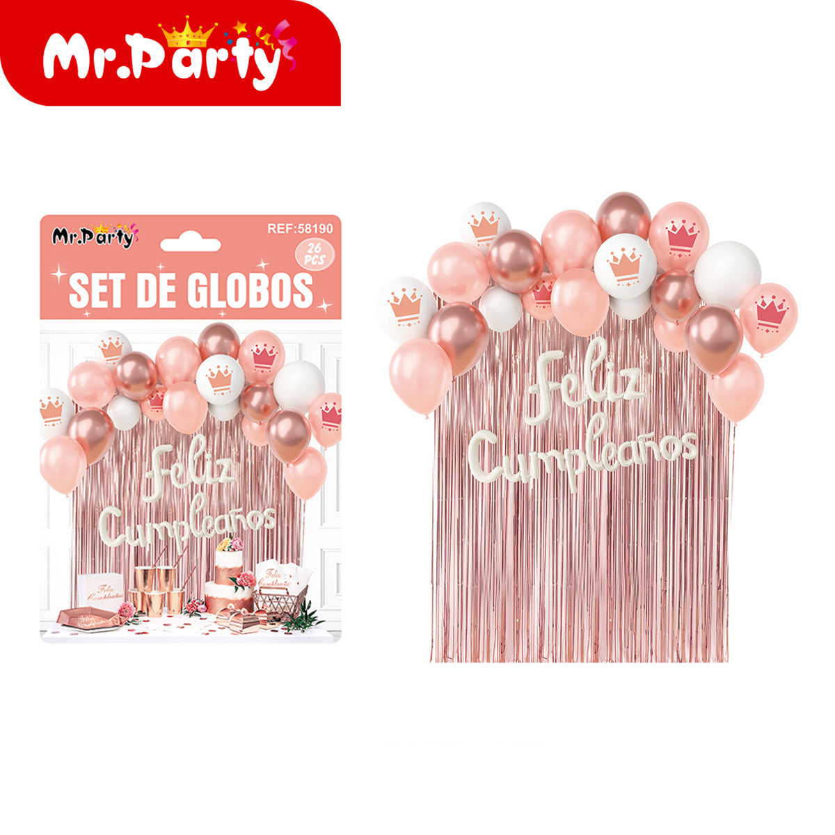 Kit Decoración de Cumpleaños con Globos + Cortina Metalizada + “Feliz Cumpleaños” | Set de Globos Mr. Party- Mayoreo 6 pzas