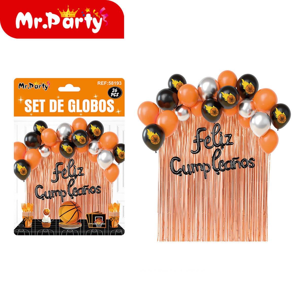 Kit Decoración de Cumpleaños con Globos + Cortina Metalizada + “Feliz Cumpleaños” | Set de Globos Mr. Party V2
