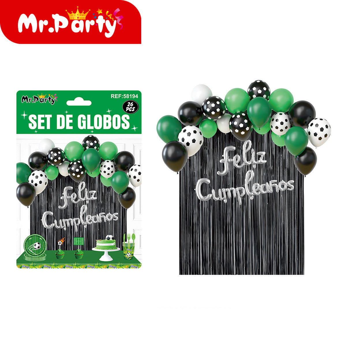 Kit Decoración de Cumpleaños con Globos + Cortina Metalizada + “Feliz Cumpleaños” | Set de Globos Mr. Party V2