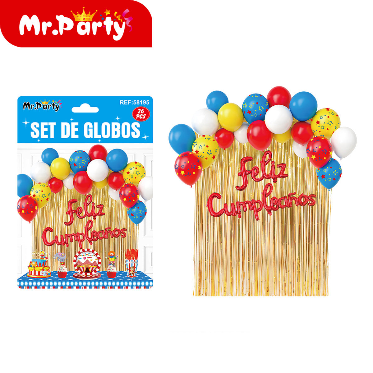 Kit Decoración de Cumpleaños con Globos + Cortina Metalizada + “Feliz Cumpleaños” | Set de Globos Mr. Party V2- 6pzas mayoreo