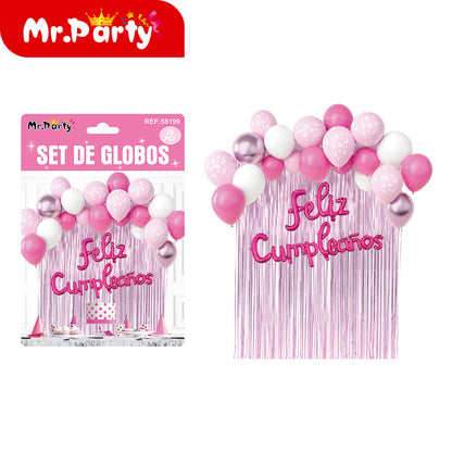 Kit Decoración de Cumpleaños con Globos + Cortina Metalizada + “Feliz Cumpleaños” | Set de Globos Mr. Party V2- 6pzas mayoreo