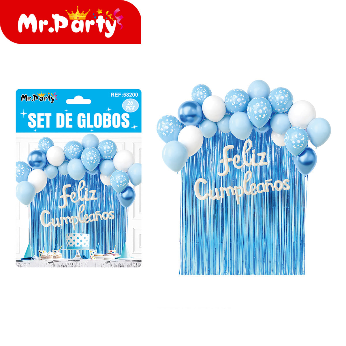 Kit Decoración de Cumpleaños con Globos + Cortina Metalizada + “Feliz Cumpleaños” | Set de Globos Mr. Party V2- 6pzas mayoreo