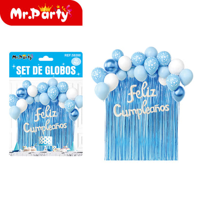 Kit Decoración de Cumpleaños con Globos + Cortina Metalizada + “Feliz Cumpleaños” | Set de Globos Mr. Party V2- 6pzas mayoreo