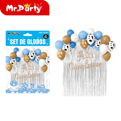 Kit Decoración de Cumpleaños con Globos + Cortina Metalizada + “Feliz Cumpleaños” | Set de Globos Mr. Party V2