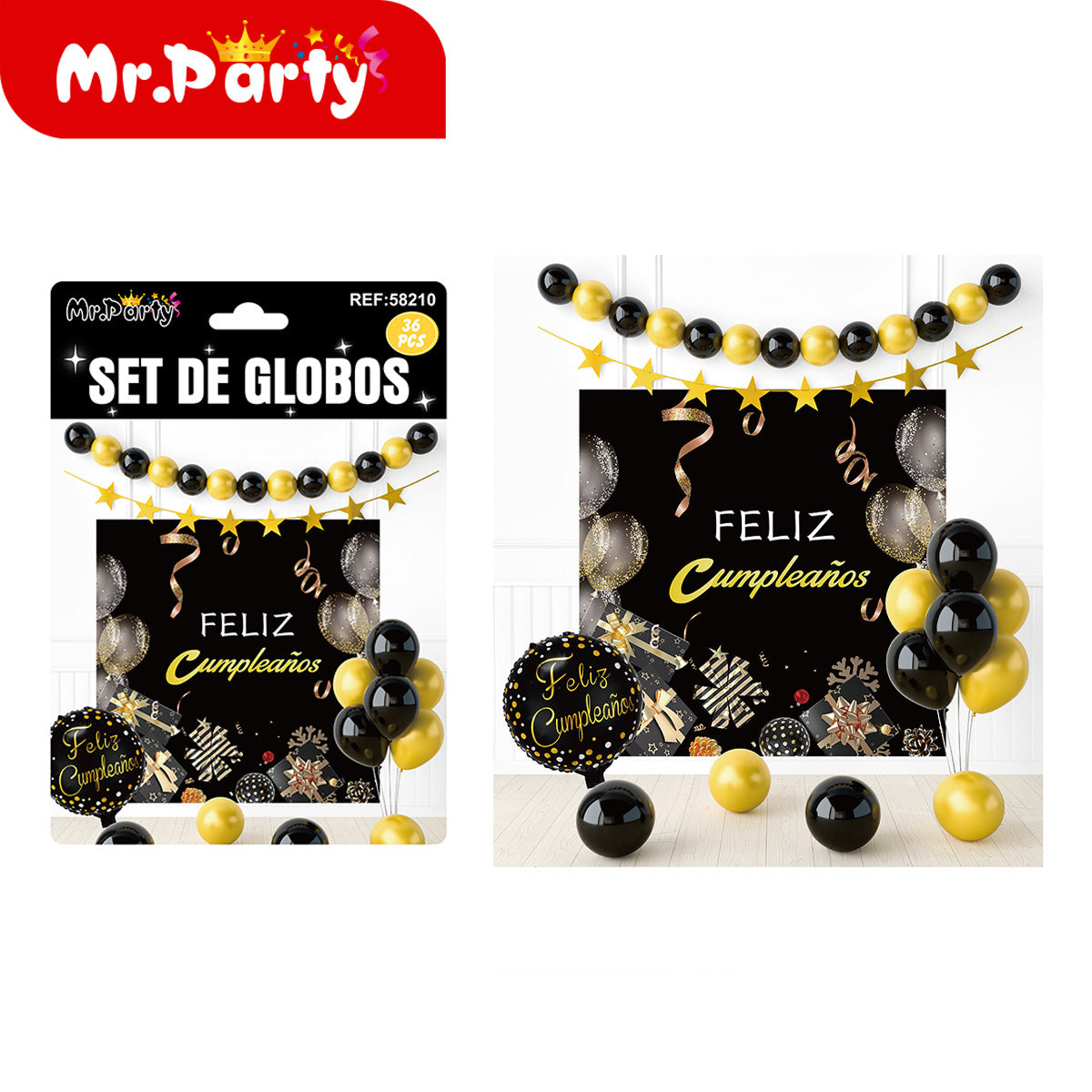 🎉 Kit Decoración Cumpleaños | Fondo “Feliz Cumpleaños” + Guirnalda de Globos (36 pzs) | Varios Temas- Mayoreo 6 pzas