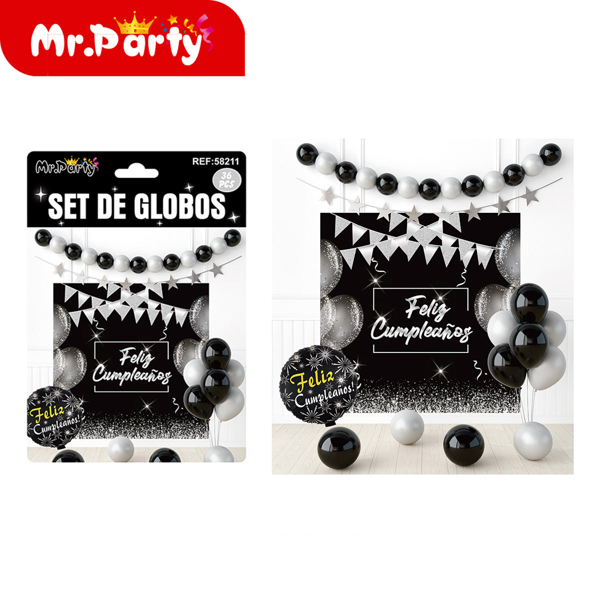 🎉 Kit Decoración Cumpleaños | Fondo “Feliz Cumpleaños” + Guirnalda de Globos (36 pzs) | Varios Temas