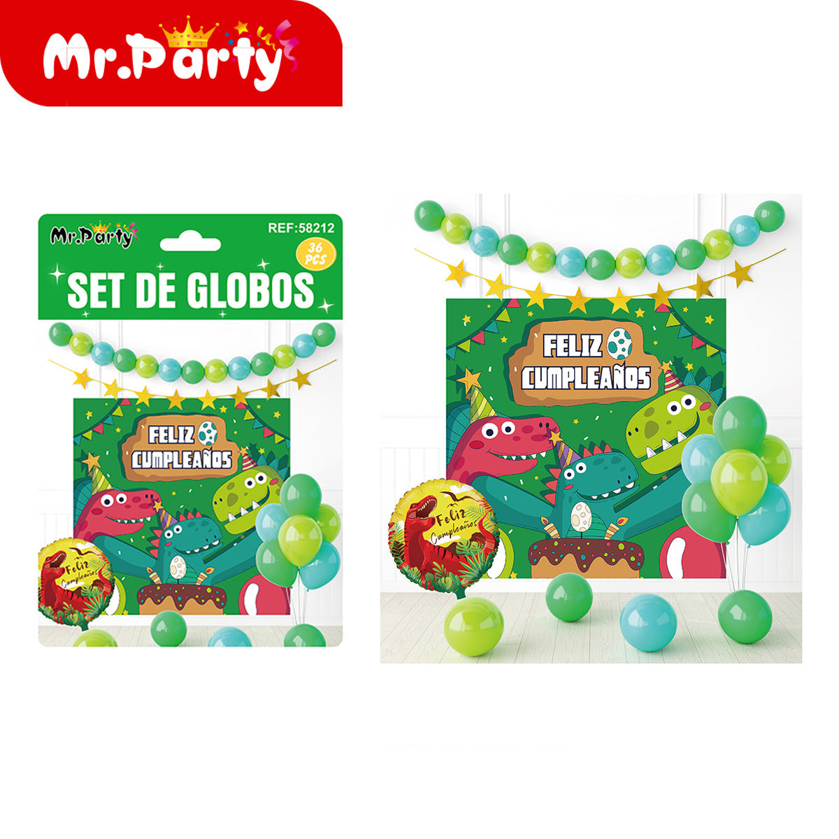 🎉 Kit Decoración Cumpleaños | Fondo “Feliz Cumpleaños” + Guirnalda de Globos (36 pzs) | Varios Temas- Mayoreo 6 pzas