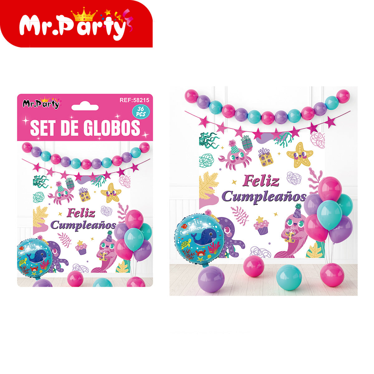 🎉 Kit Decoración Cumpleaños | Fondo “Feliz Cumpleaños” + Guirnalda de Globos (36 pzs) | Varios Temas- Mayoreo 6 pzas