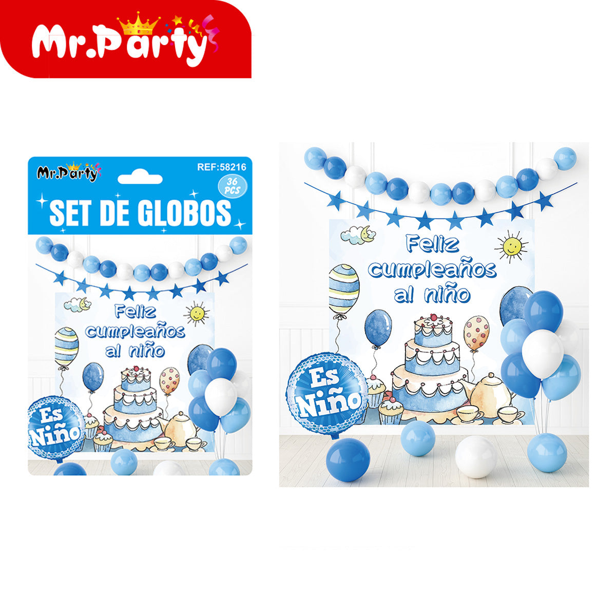 🎉 Kit Decoración Cumpleaños | Fondo “Feliz Cumpleaños” + Guirnalda de Globos (36 pzs) | Varios Temas