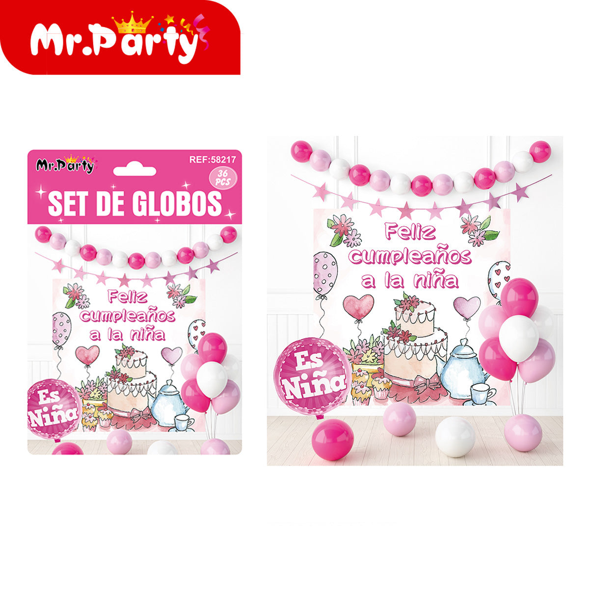 🎉 Kit Decoración Cumpleaños | Fondo “Feliz Cumpleaños” + Guirnalda de Globos (36 pzs) | Varios Temas- Mayoreo 6 pzas