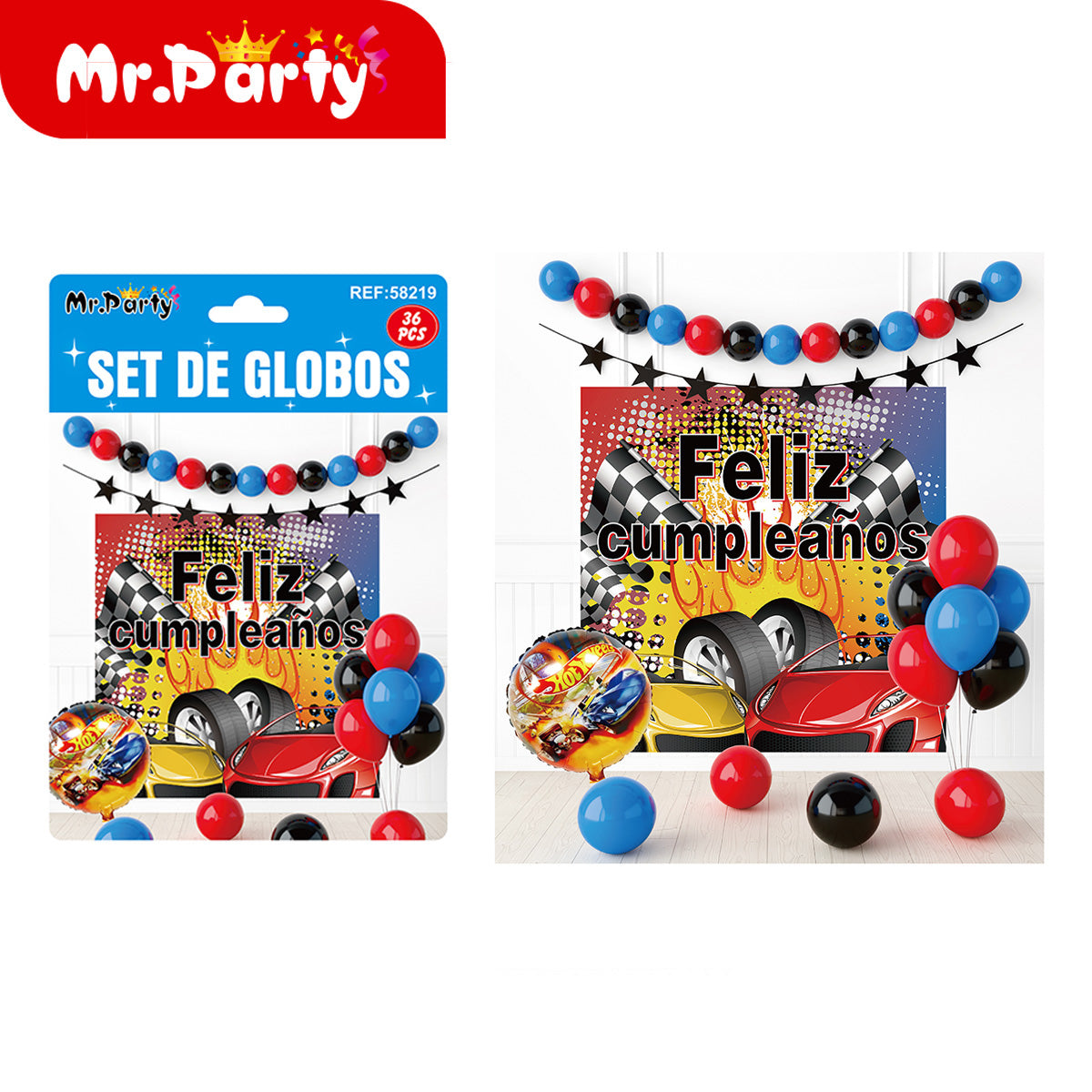 🎉 Kit Decoración Cumpleaños | Fondo “Feliz Cumpleaños” + Guirnalda de Globos (36 pzs) | Varios Temas- Mayoreo 6 pzas