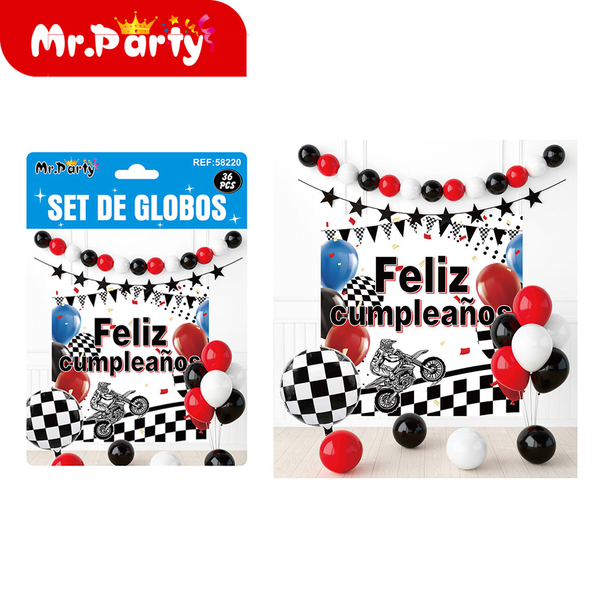 🎉 Kit Decoración Cumpleaños | Fondo “Feliz Cumpleaños” + Guirnalda de Globos (36 pzs) | Varios Temas- Mayoreo 6 pzas