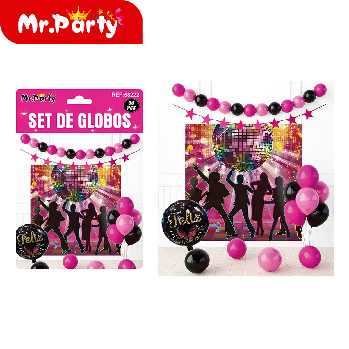 🎉 Kit Decoración Cumpleaños | Fondo “Feliz Cumpleaños” + Guirnalda de Globos (36 pzs) | Varios Temas- Mayoreo 6 pzas