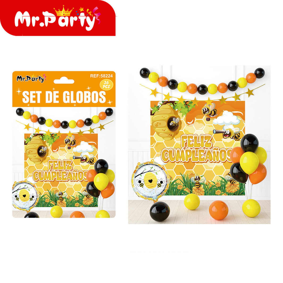 🎉 Kit Decoración Cumpleaños | Fondo “Feliz Cumpleaños” + Guirnalda de Globos (36 pzs) | Varios Temas