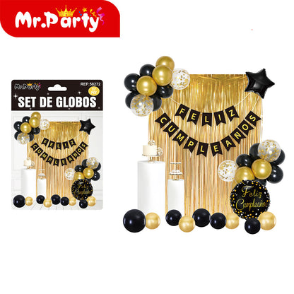 🎉 Set de Decoración de Cumpleaños con Globos 🎈✨ Incluye Cortina Metálica + Banner “Feliz Cumpleaños”
