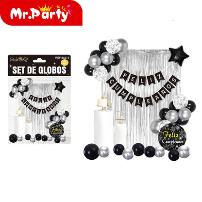 🎉 Set de Decoración de Cumpleaños con Globos 🎈✨ Incluye Cortina Metálica + Banner “Feliz Cumpleaños”