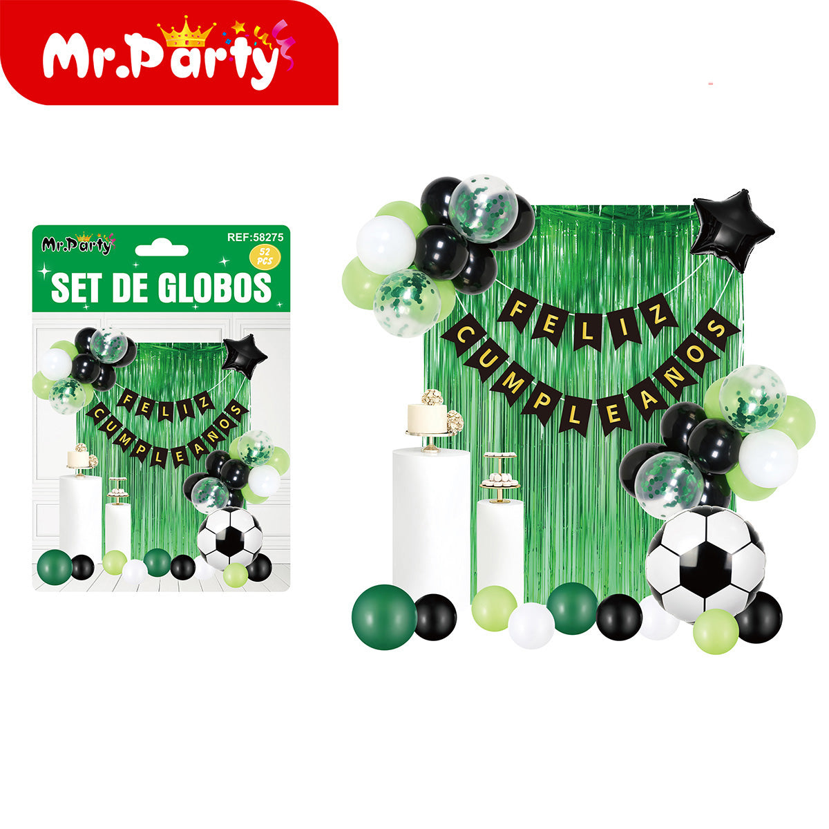 🎉⚽ Kit Decoración Cumpleaños Futbolero | Set de Globos + Guirnalda “Feliz Cumpleaños” + Backdrop | Verde/Negro/Oro Mayoreo 6 o 12 pzas