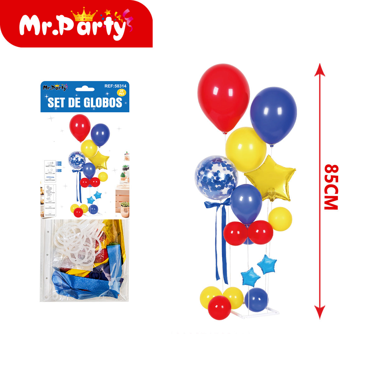 🎈✨ Set de Globos Centro de Mesa 85cm con Globo Confeti + Estrella Metalizada | Varios Colores- Mayoreo 6 pzas