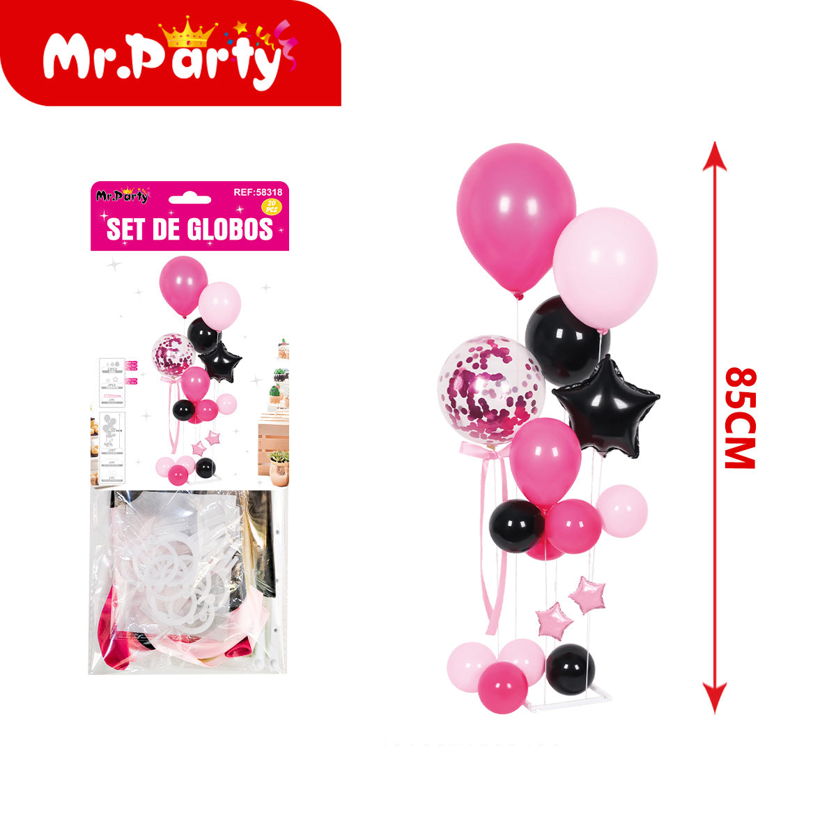 🎈✨ Set de Globos Centro de Mesa 85cm con Globo Confeti + Estrella Metalizada | Varios Colores- Mayoreo 6 pzas