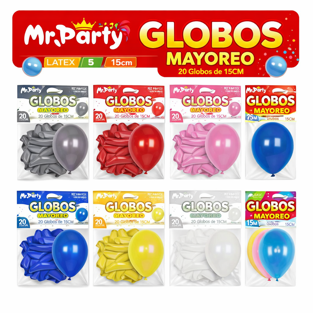 Globos de Látex 5” (15 cm) – Con 20 globos | Mr. Party Brillosos Mayoreo 12 pzas