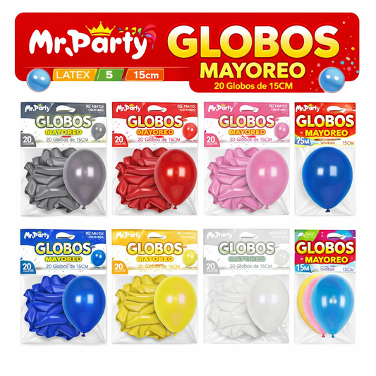 Globos de Látex 5” (15 cm) – Con 20 globos | Mr. Party Brillosos Mayoreo 12 pzas