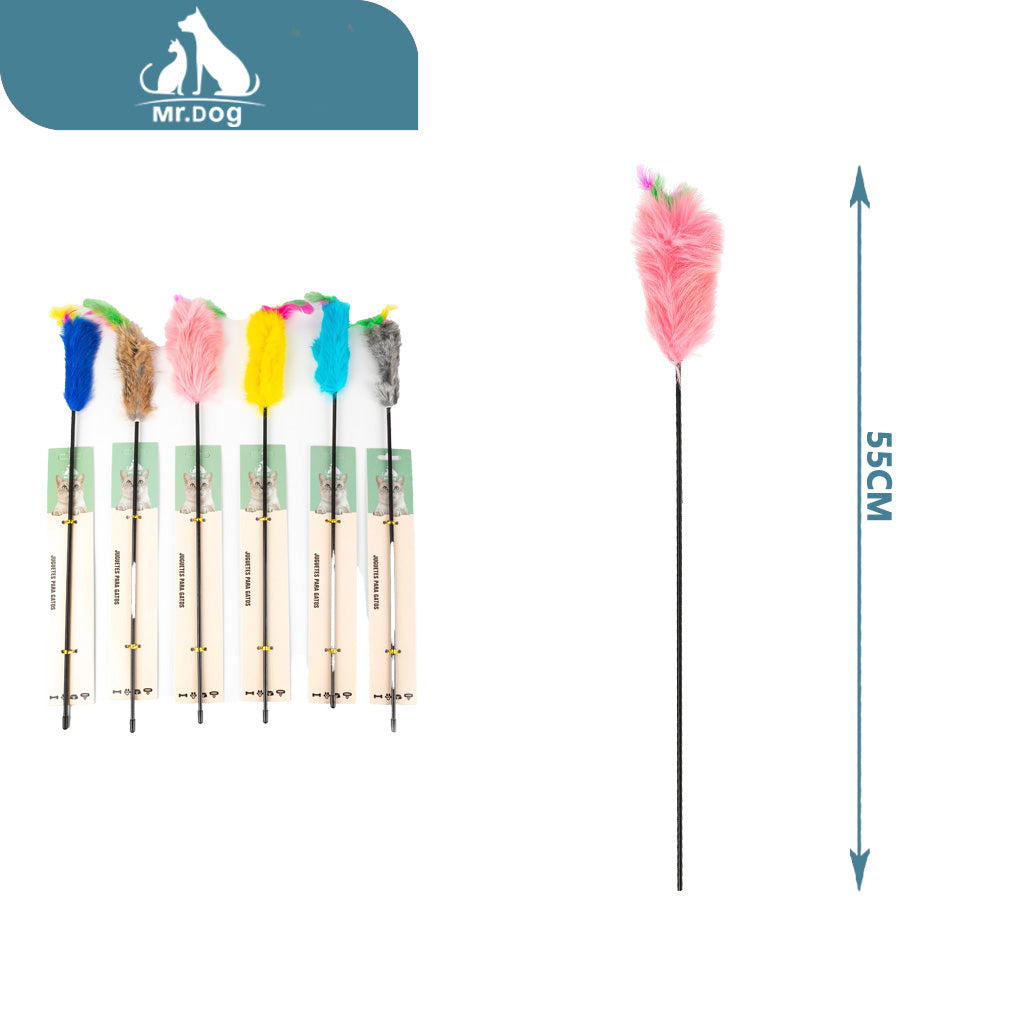 Juguete para gato de cuero de conejo negro de 40 cm, total 55 cm paq. con 12 pzas