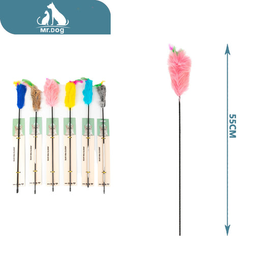 Juguete para gato de cuero de conejo negro de 40 cm, total 55 cm paq. con 12 pzas