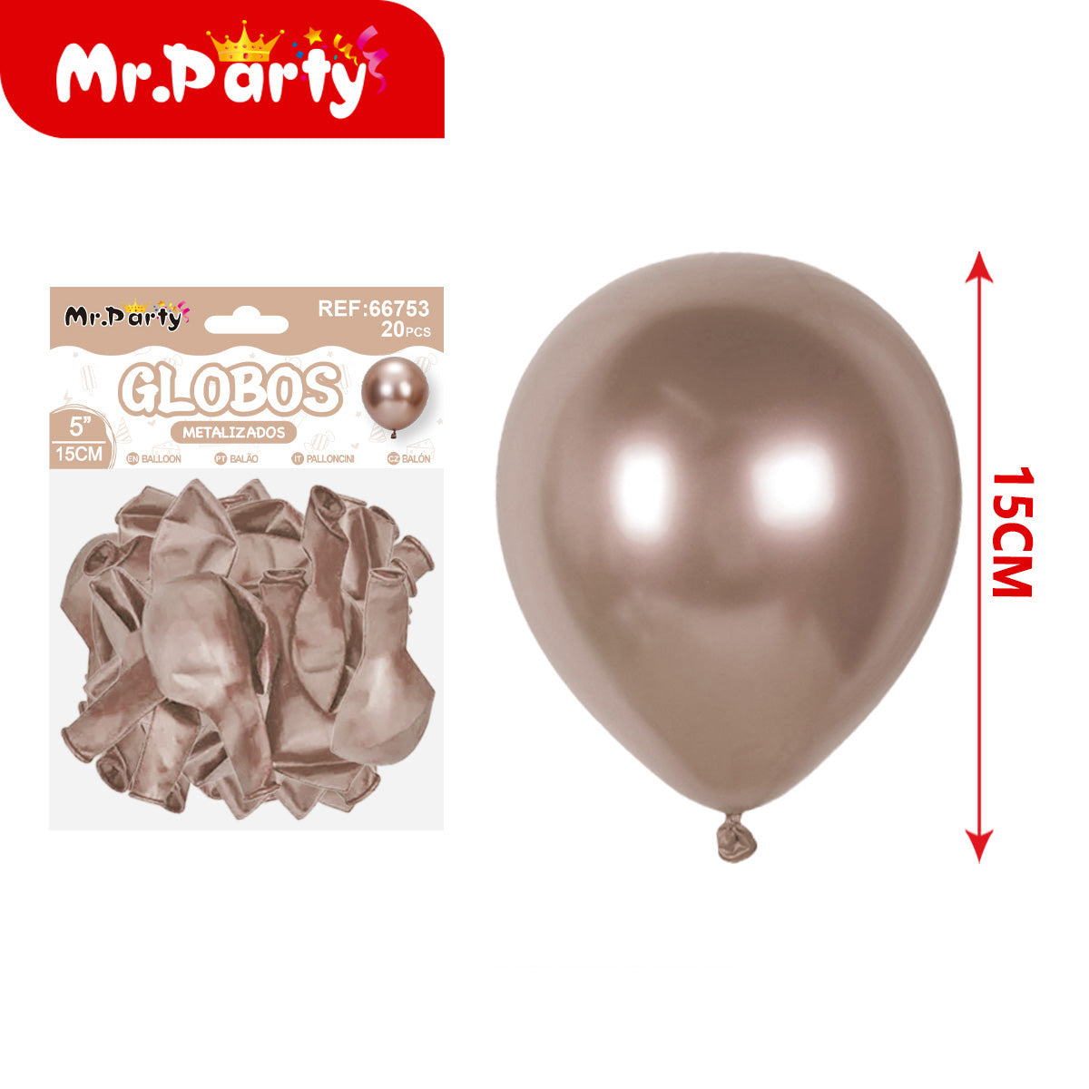 ✨ Globos de Látex Metalizados 5” (15 cm) | Con 20 globos | Mr. Party- 12pzas mayoreo