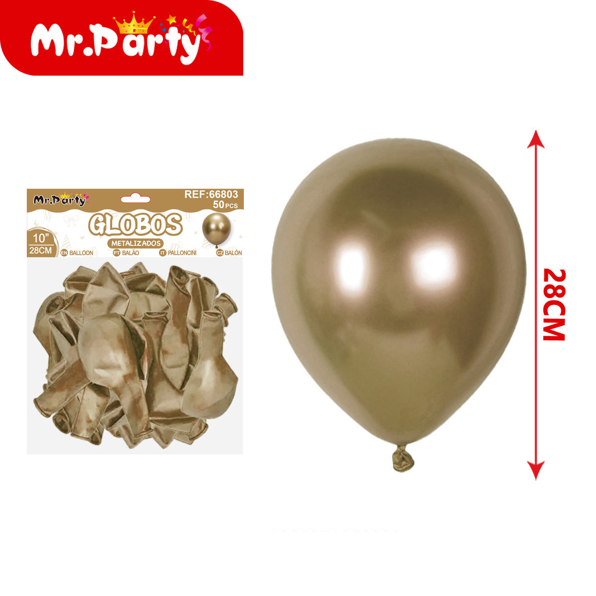 🎈✨ Globos Metalizados 10” (28cm) Mr. Party | Látex Cromado Brillante para Decoración de Fiestas- Mayoreo 12 pzas