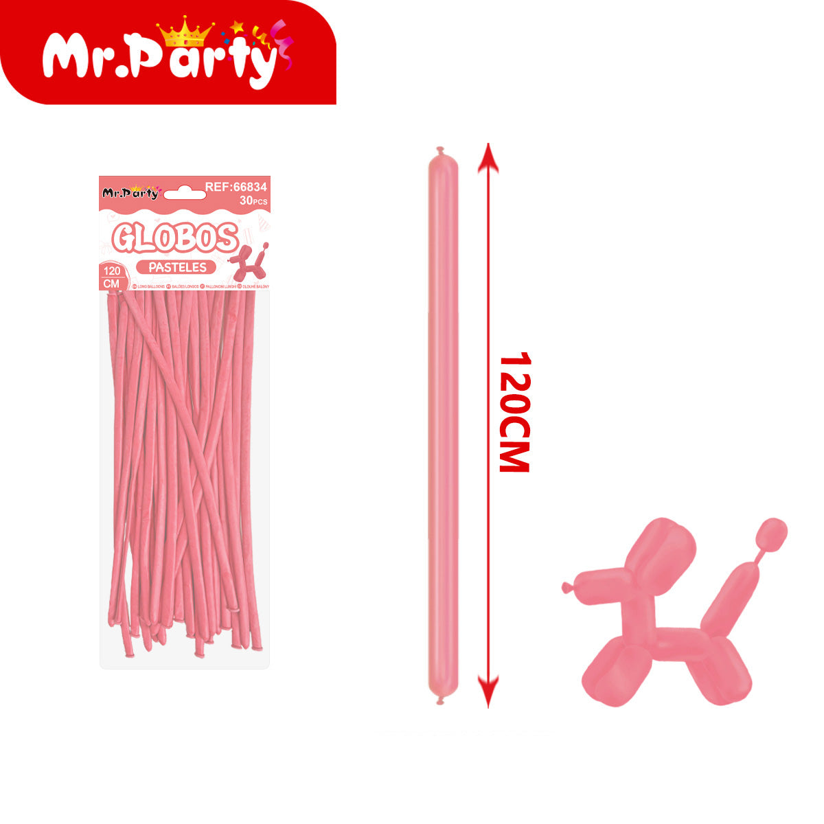 🎈 Globos Largos para Figuras 120 cm | Globos Salchicha de Látex Colores Pastel (Paquete 30 pzas) | Mr. Party- Mayoreo 12 pzas