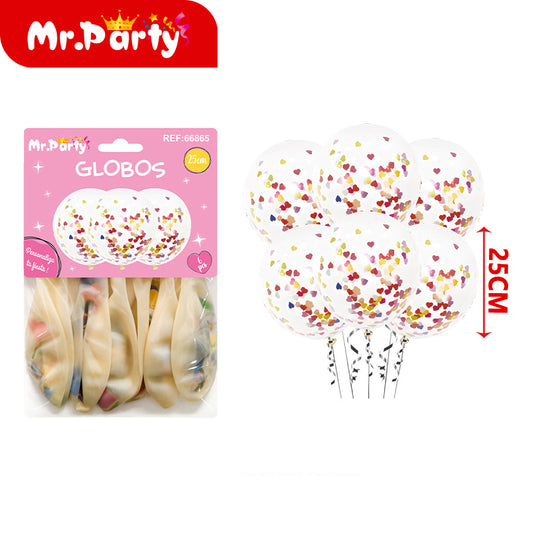 🎈 Globos Transparentes con Confeti de Corazón 25cm (Paquete 6 pzas) | Colores Variados | Mr. Party 💖
