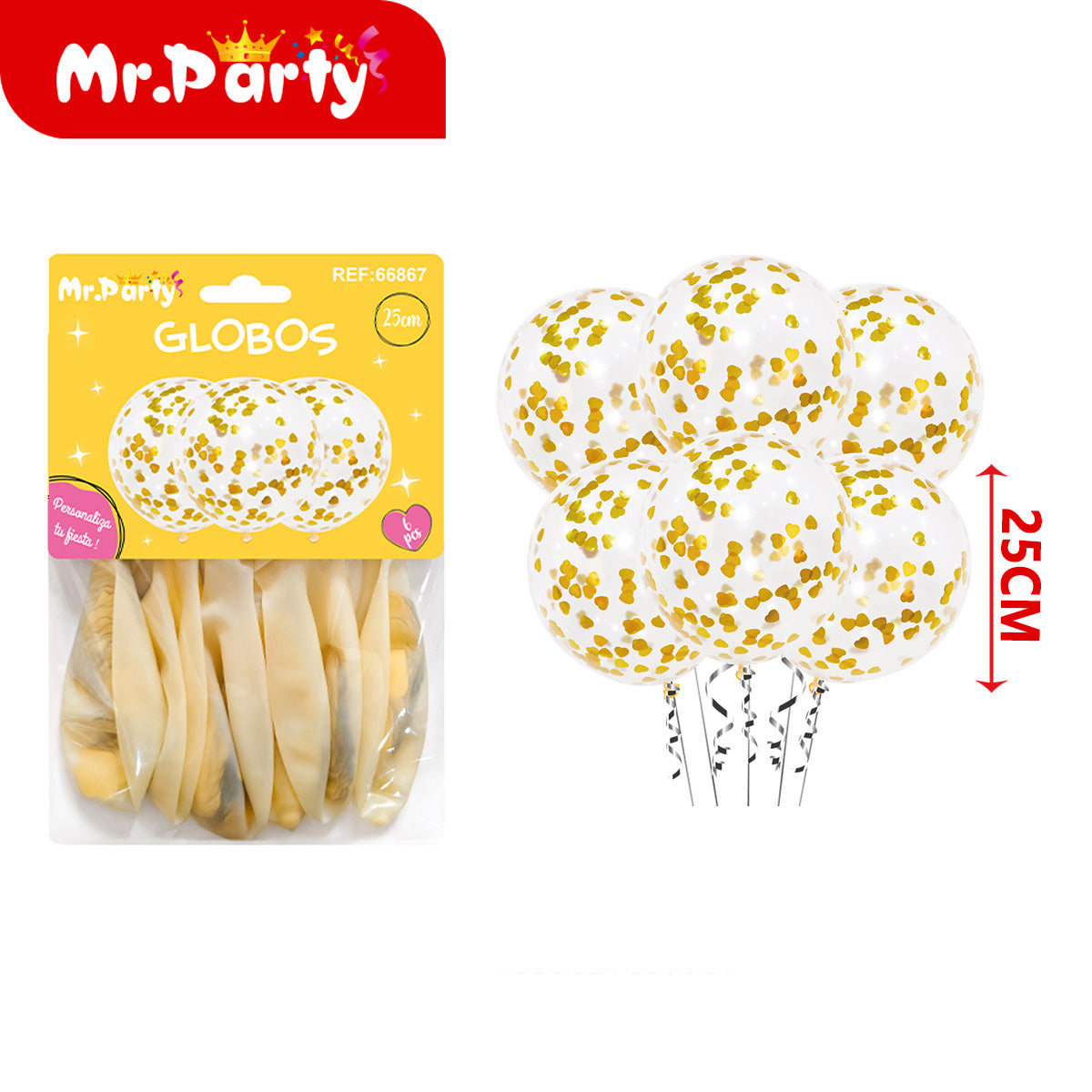 🎈 Globos Transparentes con Confeti de Corazón 25cm (Paquete 6 pzas) | Colores Variados | Mr. Party 💖- Mayoreo 12 pzas