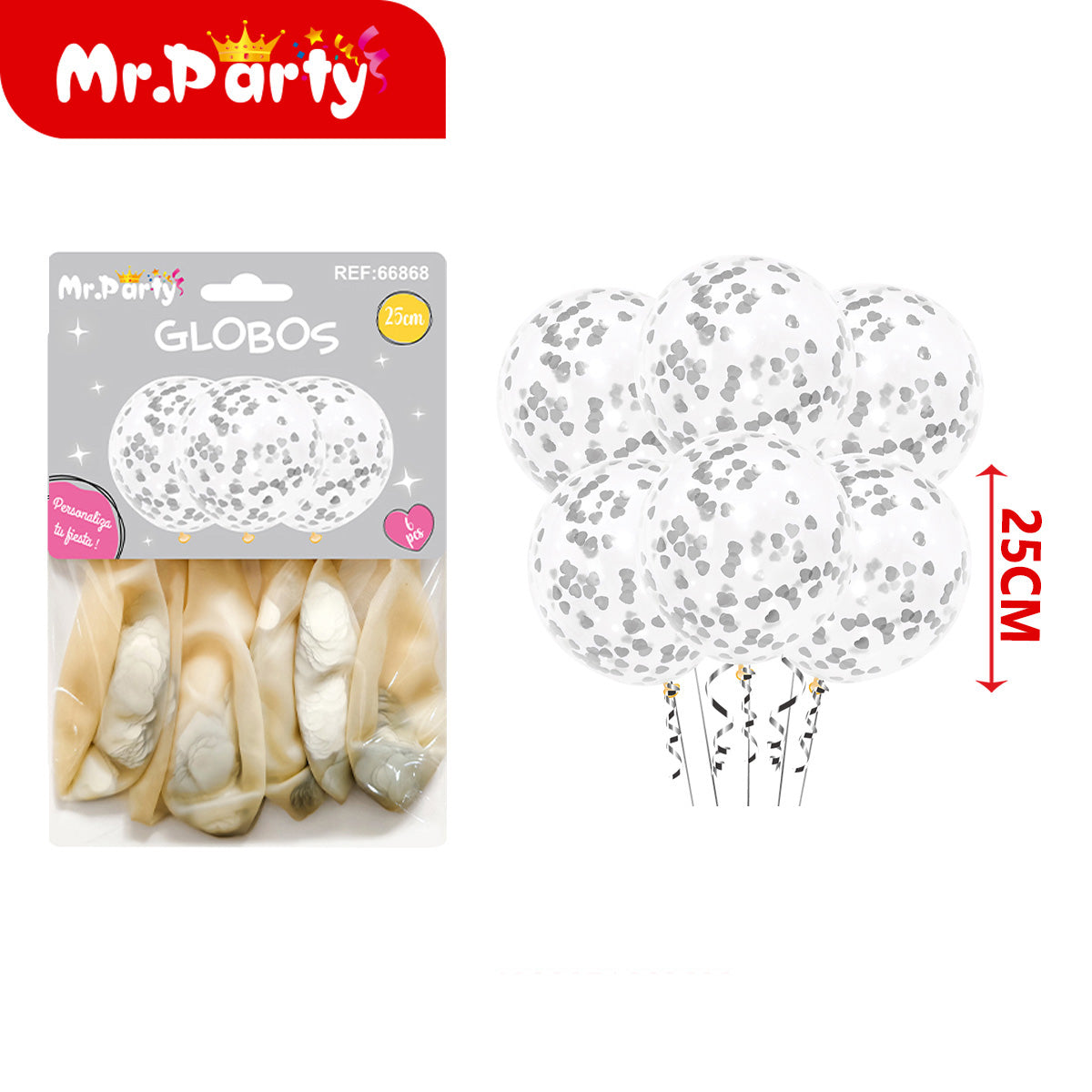 🎈 Globos Transparentes con Confeti de Corazón 25cm (Paquete 6 pzas) | Colores Variados | Mr. Party 💖- Mayoreo 12 pzas