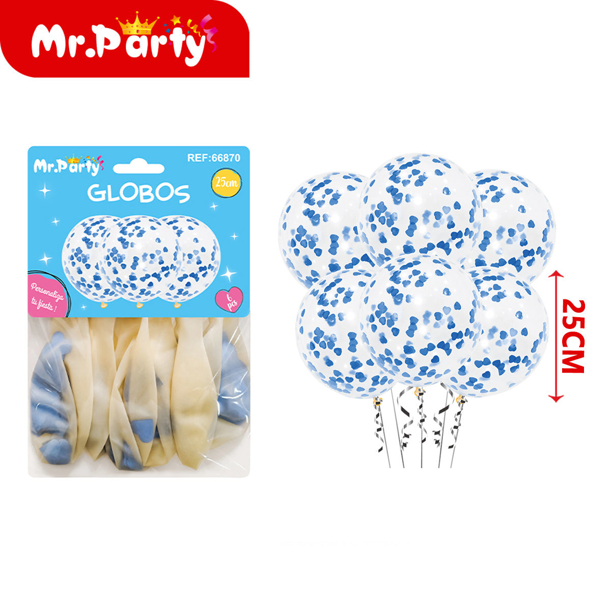 🎈 Globos Transparentes con Confeti de Corazón 25cm (Paquete 6 pzas) | Colores Variados | Mr. Party 💖- Mayoreo 12 pzas