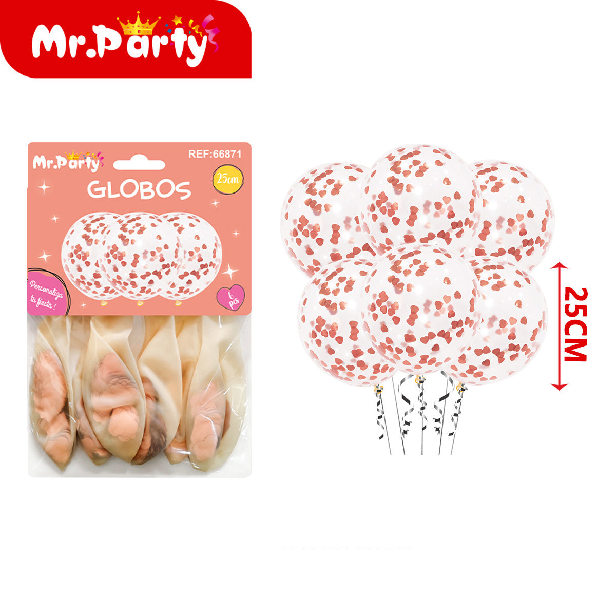 🎈 Globos Transparentes con Confeti de Corazón 25cm (Paquete 6 pzas) | Colores Variados | Mr. Party 💖