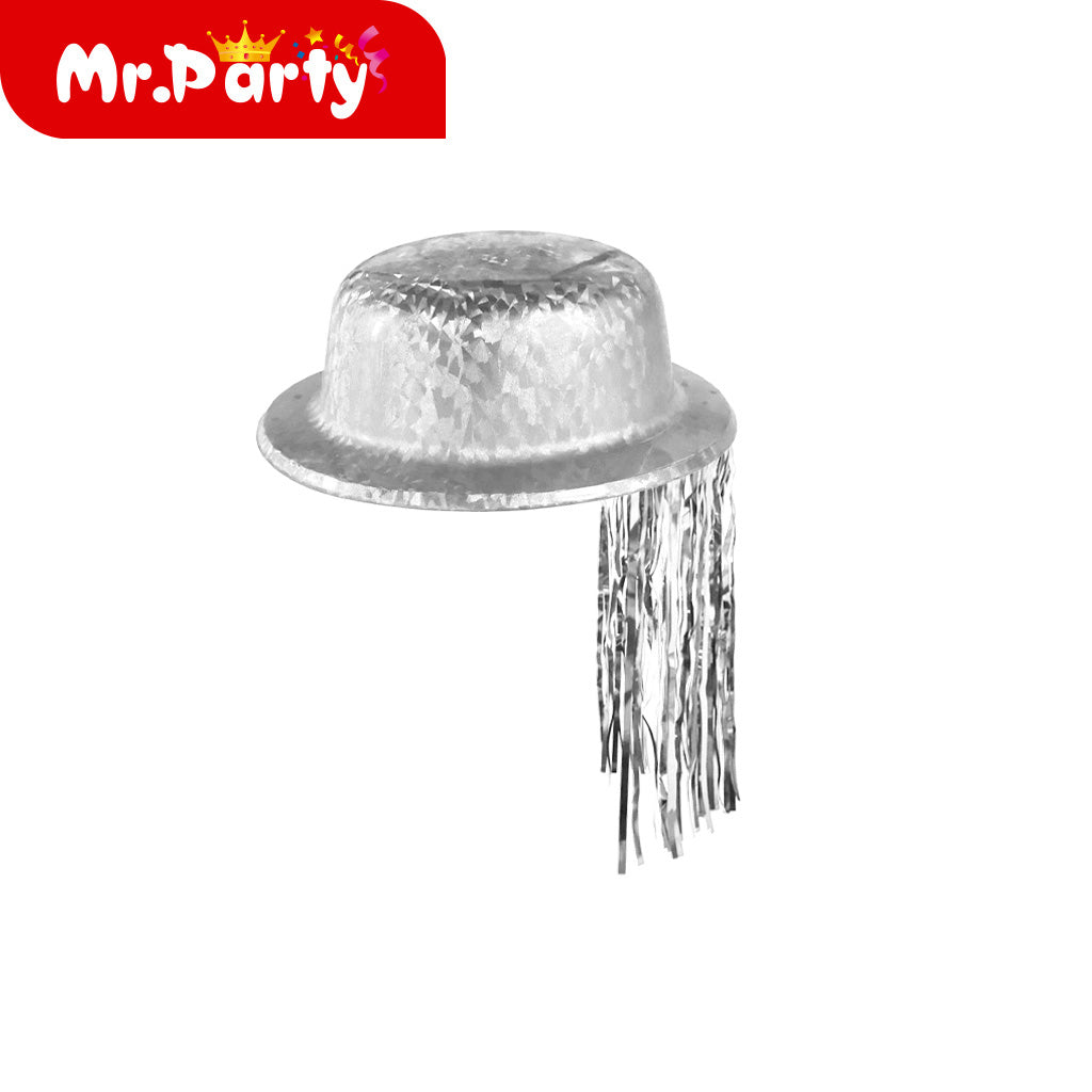 🎩 Sombreros de Fiesta Glitter/Neón/Metalizados ✨ Top Hat y Bombín con Flecos (Varios Colores)- Mayoreo 12 pzas