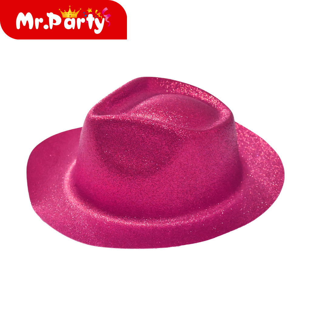 🎩✨ Sombrero Glitter de Fiesta (Bombín/Fedora + Flecos) | Colores Surtidos | Disfraz & Foto