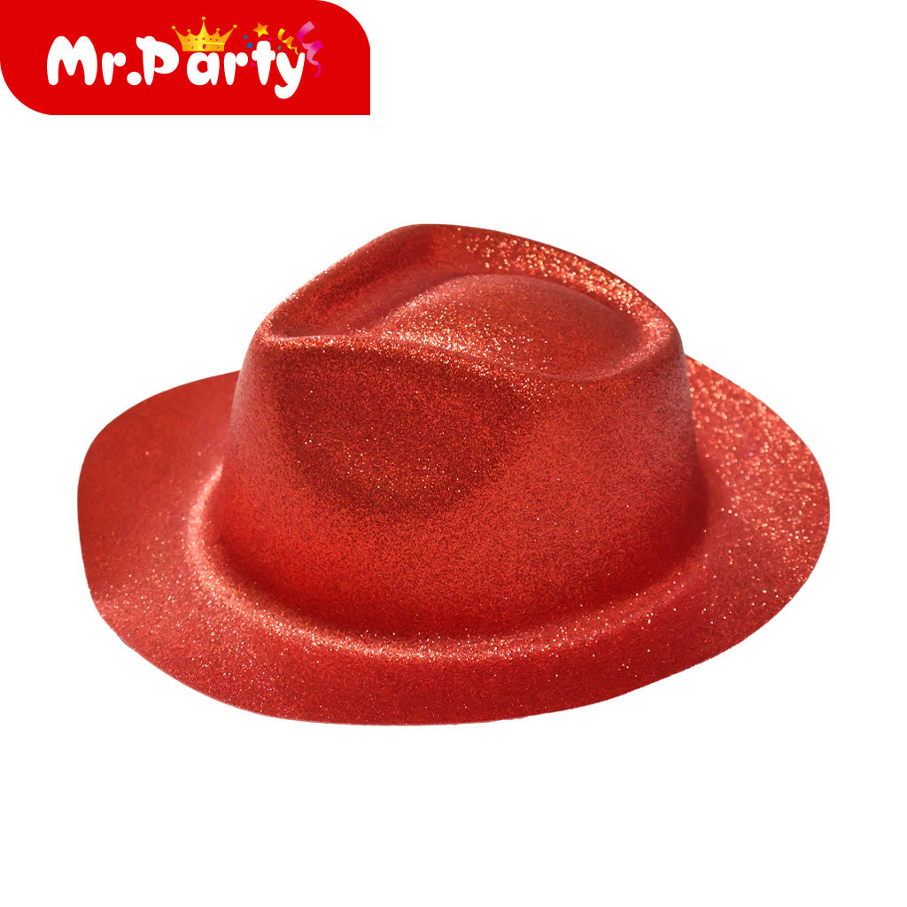 🎩✨ Sombrero Glitter de Fiesta (Bombín/Fedora + Flecos) | Colores Surtidos | Disfraz & Foto