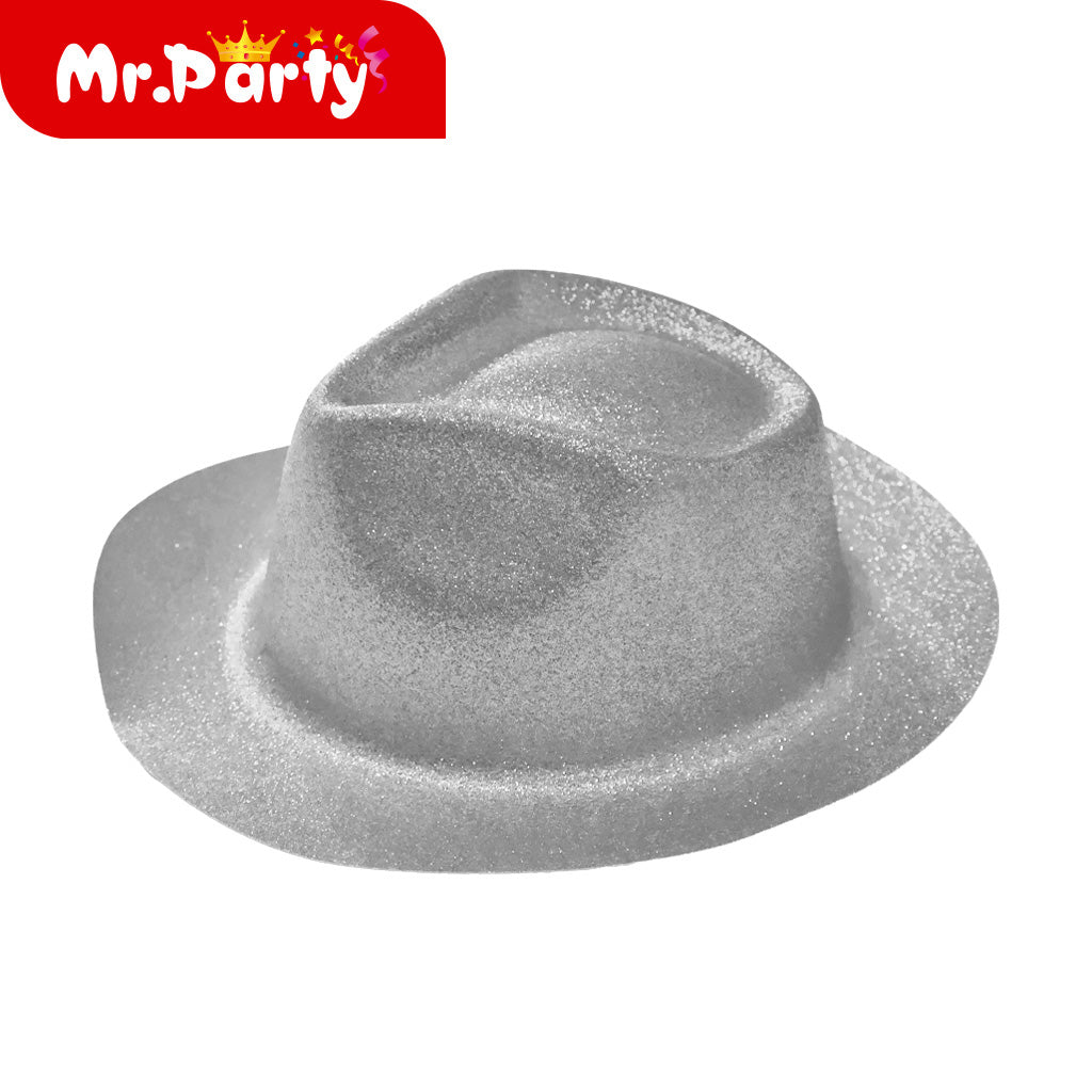 🎩✨ Sombrero Glitter de Fiesta (Bombín/Fedora + Flecos) | Colores Surtidos | Disfraz & Foto