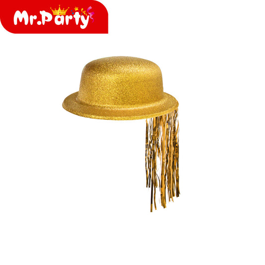 ✨ Sombrero Bombín con Glitter + Flecos Metálicos | Accesorio para Fiesta & Fotos 📸🎉 (Varios Colores)- Mayoreo 12 pzas