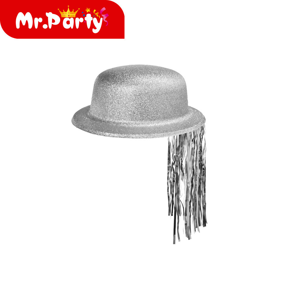 ✨ Sombrero Bombín con Glitter + Flecos Metálicos | Accesorio para Fiesta & Fotos 📸🎉 (Varios Colores)- Mayoreo 12 pzas