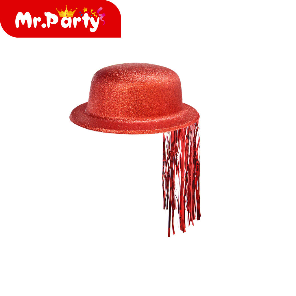 ✨ Sombrero Bombín con Glitter + Flecos Metálicos | Accesorio para Fiesta & Fotos 📸🎉 (Varios Colores)- Mayoreo 12 pzas