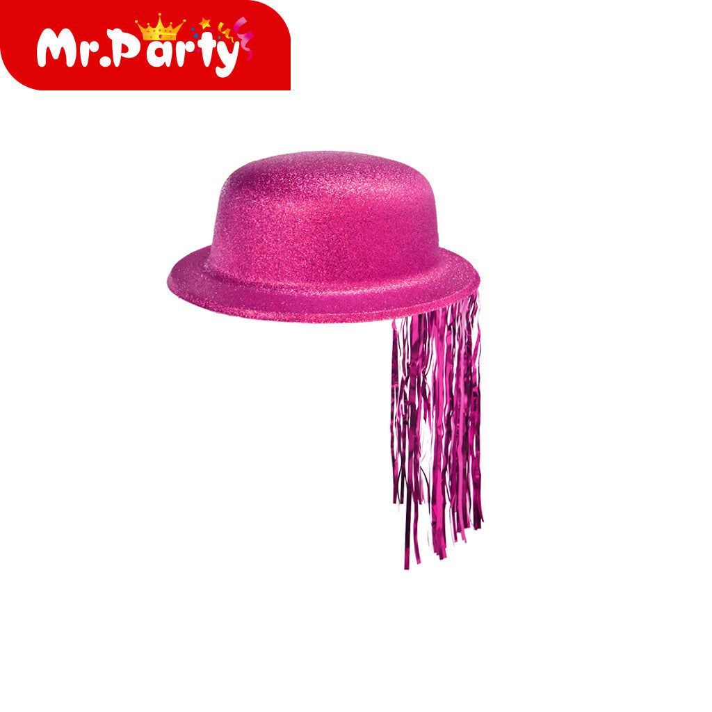 ✨ Sombrero Bombín con Glitter + Flecos Metálicos | Accesorio para Fiesta & Fotos 📸🎉 (Varios Colores)