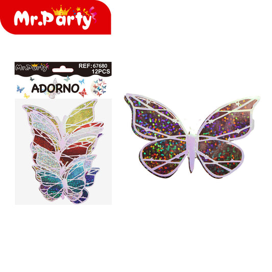 Adornos Mariposa Holográfica 3D para Pared y Fiestas | 12 pzas | Tornasol Brillante