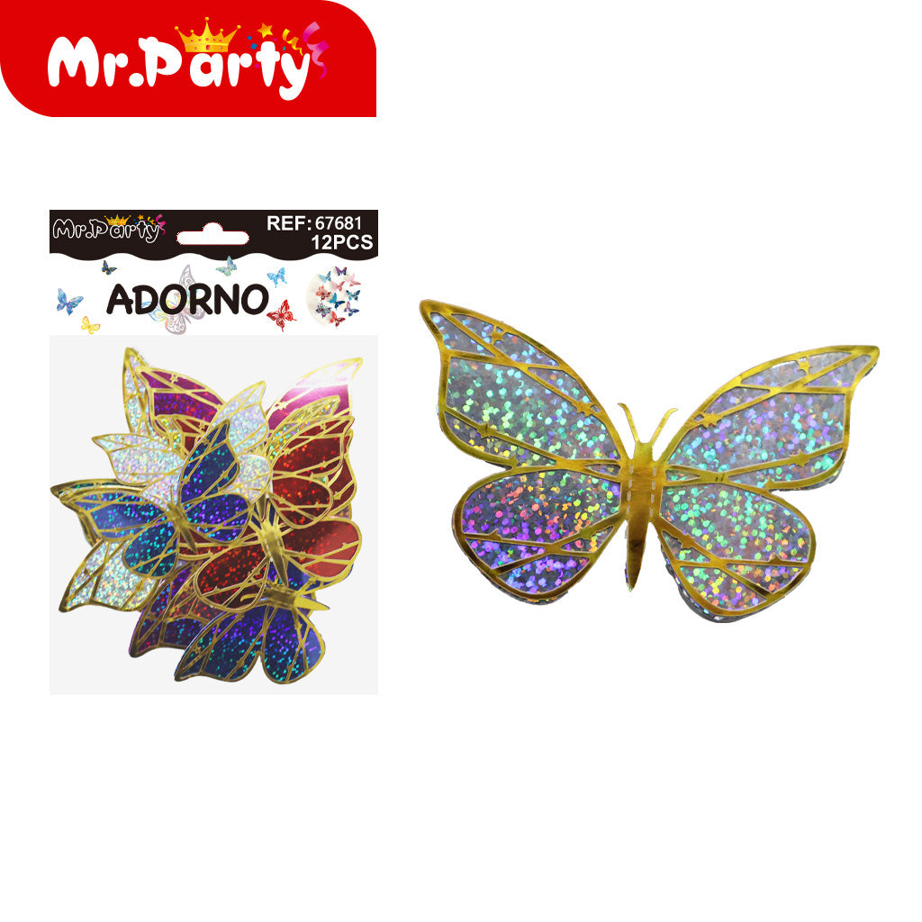 Adornos Mariposa Holográfica 3D para Pared y Fiestas | 12 pzas | Tornasol Brillante- Mayoreo 12 pzas