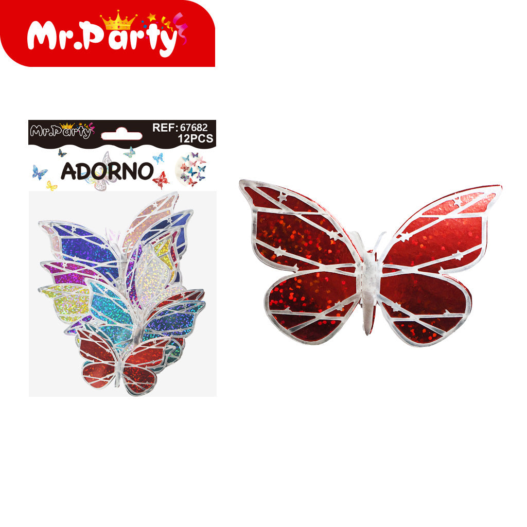 Adornos Mariposa Holográfica 3D para Pared y Fiestas | 12 pzas | Tornasol Brillante- Mayoreo 12 pzas