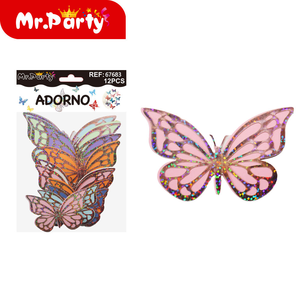 Adornos Mariposa Holográfica 3D para Pared y Fiestas | 12 pzas | Tornasol Brillante