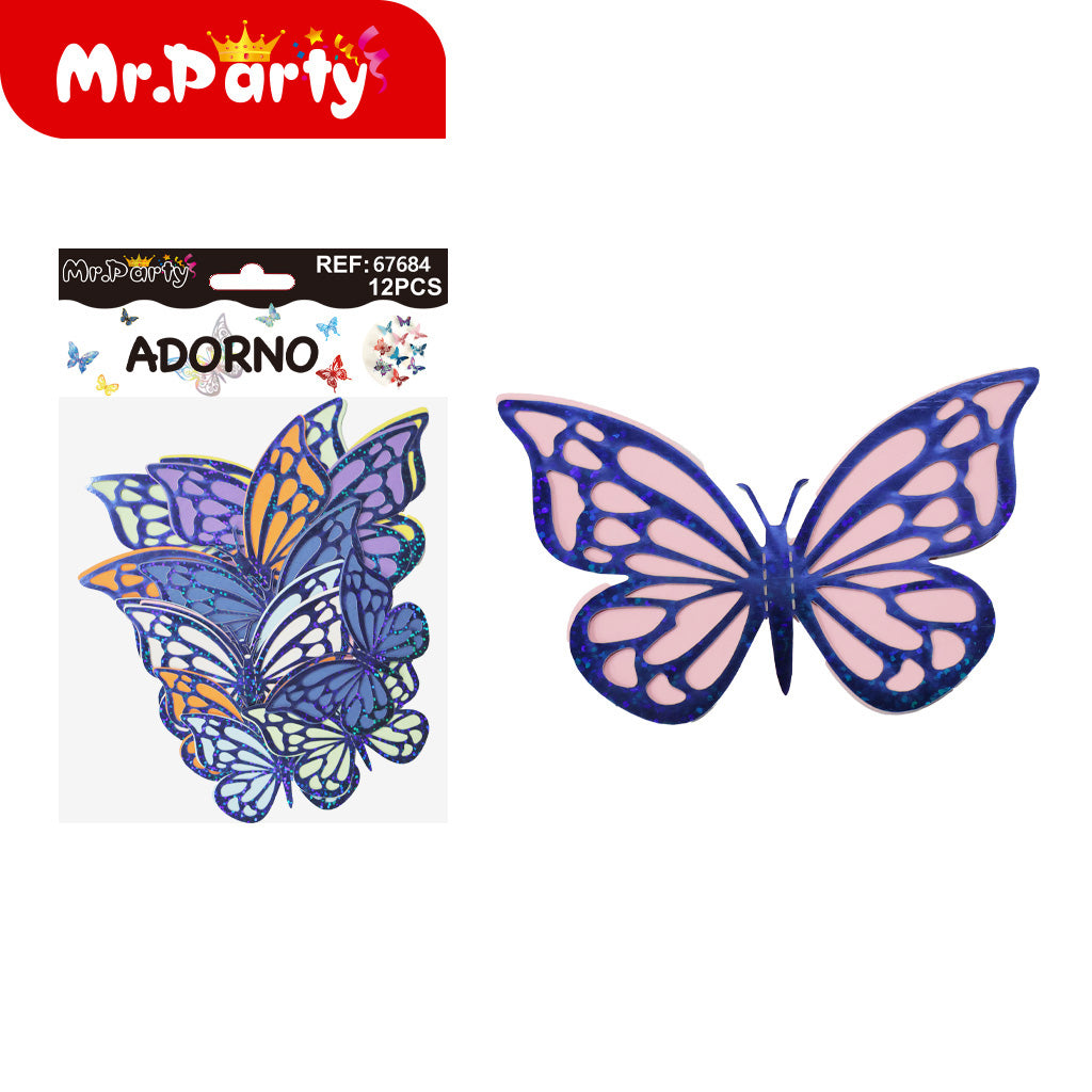 Adornos Mariposa Holográfica 3D para Pared y Fiestas | 12 pzas | Tornasol Brillante- Mayoreo 12 pzas
