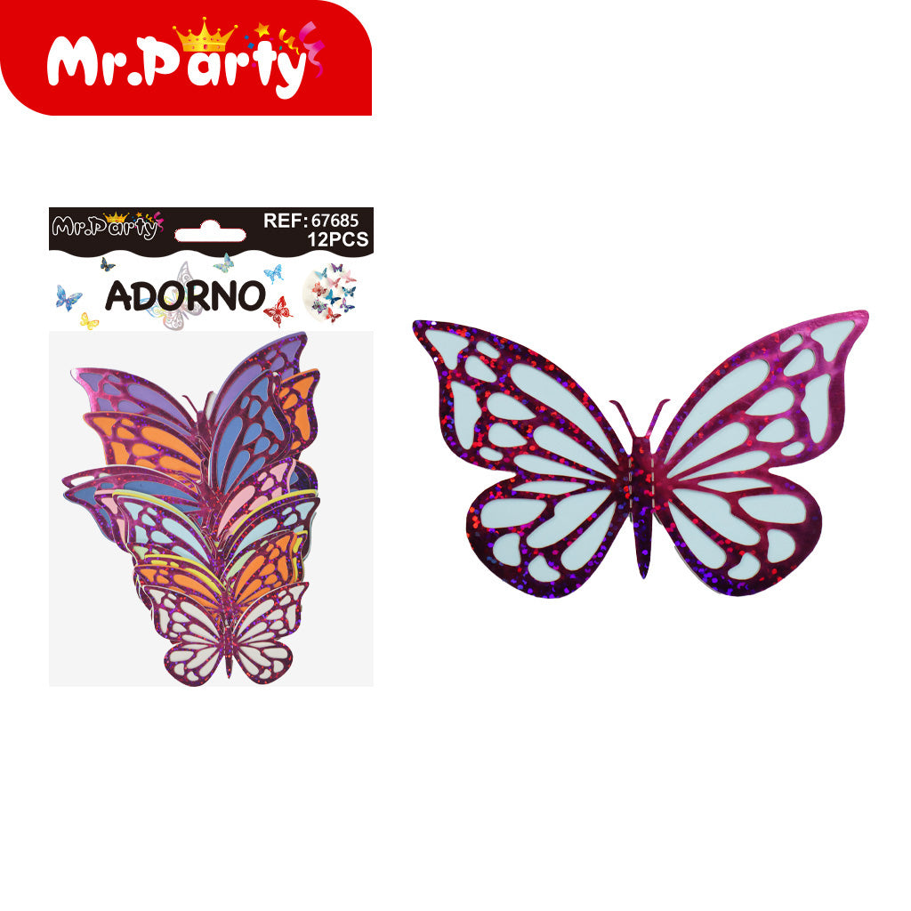 Adornos Mariposa Holográfica 3D para Pared y Fiestas | 12 pzas | Tornasol Brillante