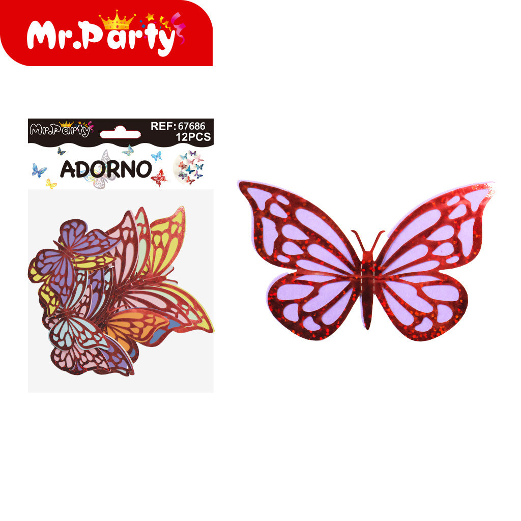 Adornos Mariposa Holográfica 3D para Pared y Fiestas | 12 pzas | Tornasol Brillante